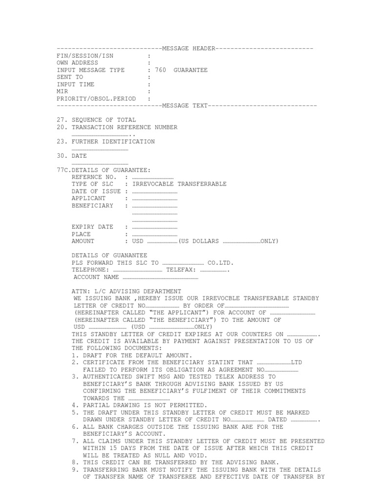 sample standby lc Letter Of Credit Private Law