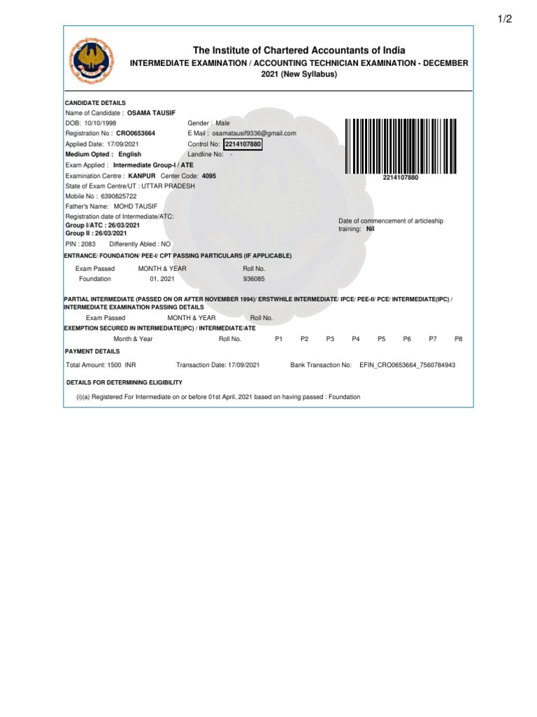 ICAI Intermediate Exam Registration Details | PDF