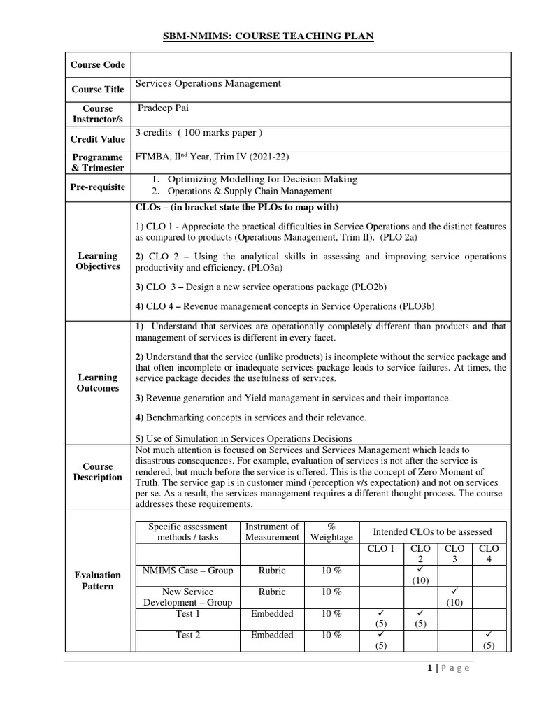 Service Operations Management Syllabus | PDF | Benchmarking | Rubric ...