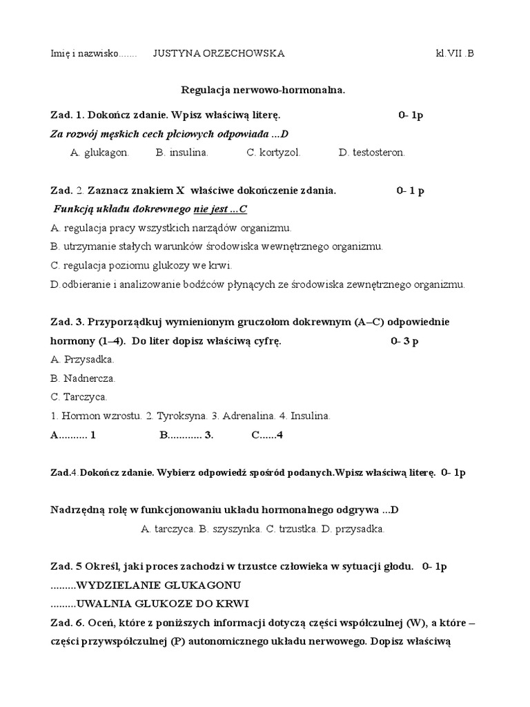 Sprawdzian Z Biologii Klasa 7 Dział Regulacja Nerwowo Hormonalna