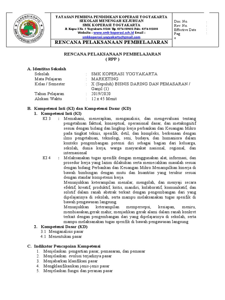 RPP Pemasaran untuk SMK Koperasi | PDF