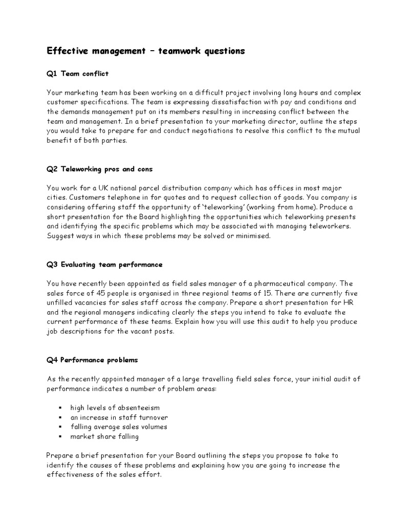Effective Management - Teamwork Questions: Q1 Team Conflict | PDF ...