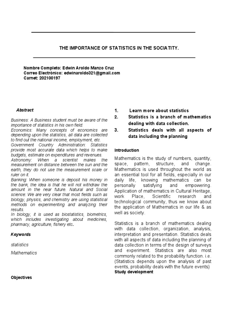 Importance of Statistics in Society | PDF | Statistics | Teaching ...