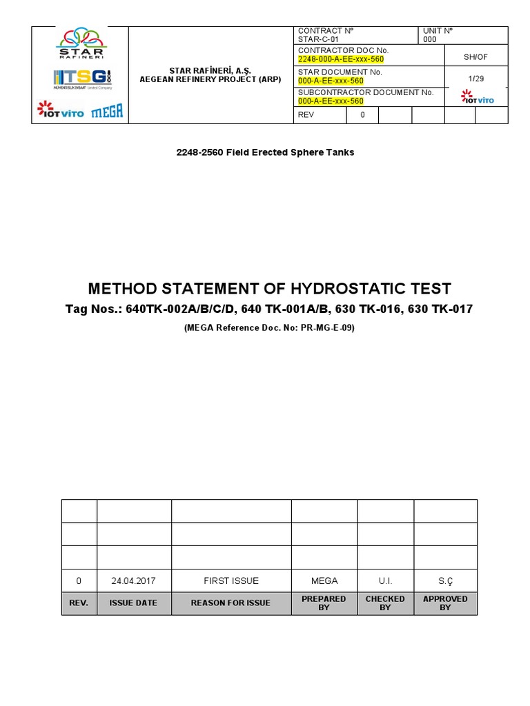 Hydrostatic Testing Method Statement | PDF | Pipe (Fluid Conveyance ...