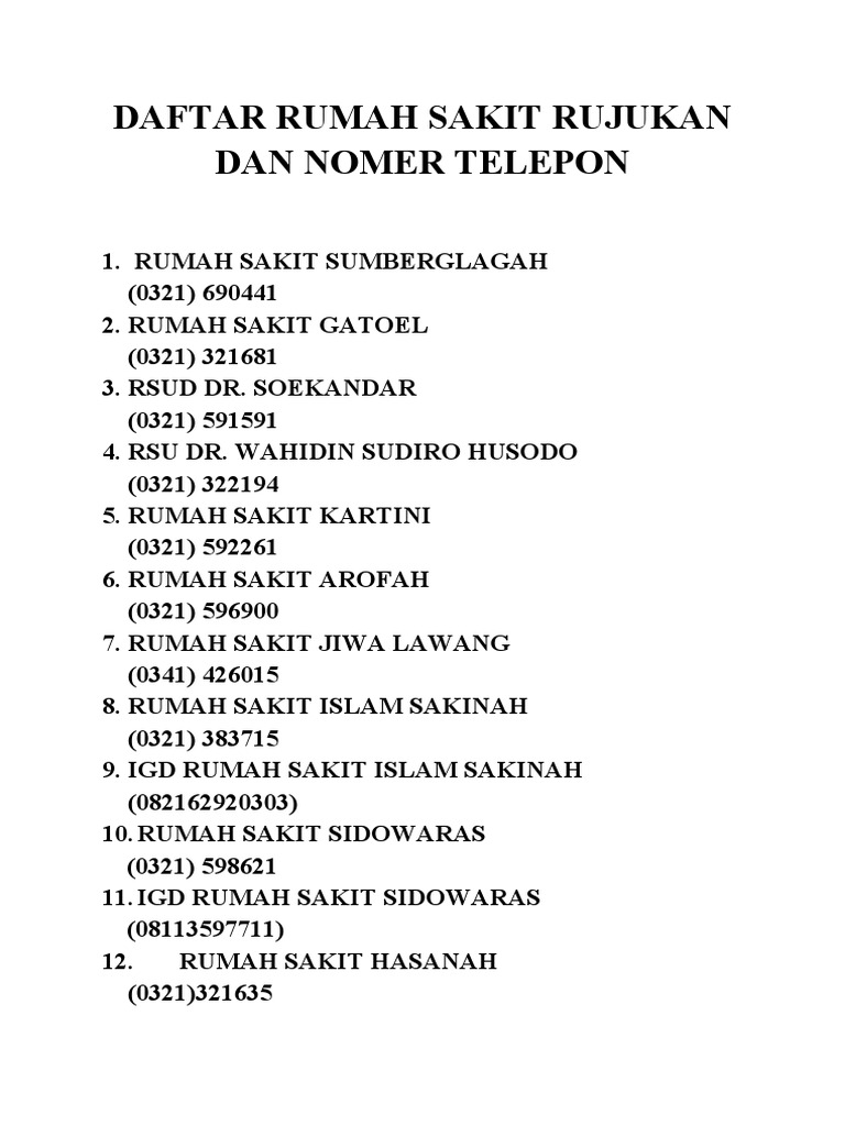 Daftar Rumah Sakit Rujukan Dan Nomer Telepon | PDF | Kesehatan Holistik