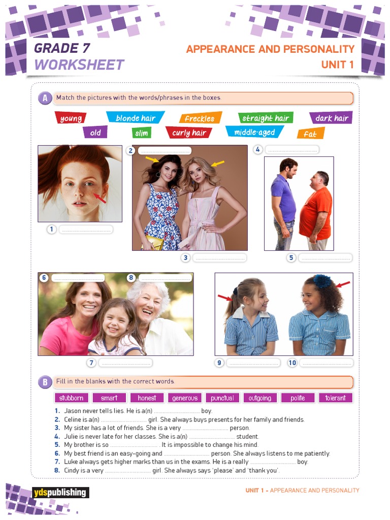 Grade 7 Appearance & Personality Worksheet | PDF
