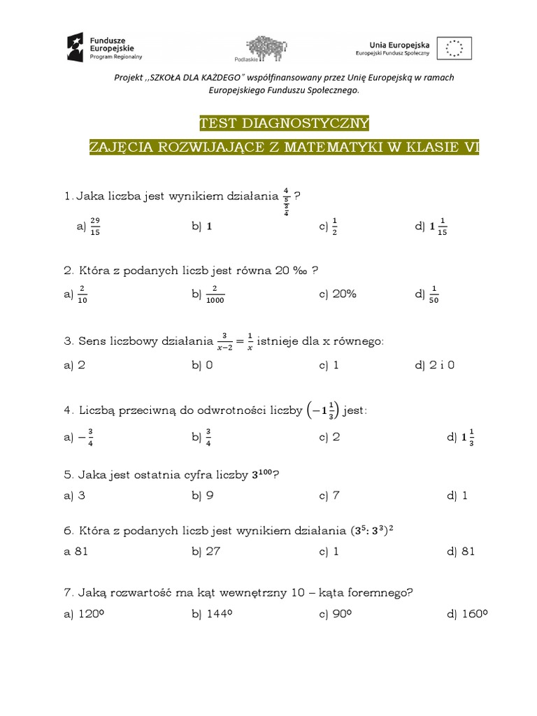Test Diagnostyczny Z Matematyki Klasa 7 Pdf