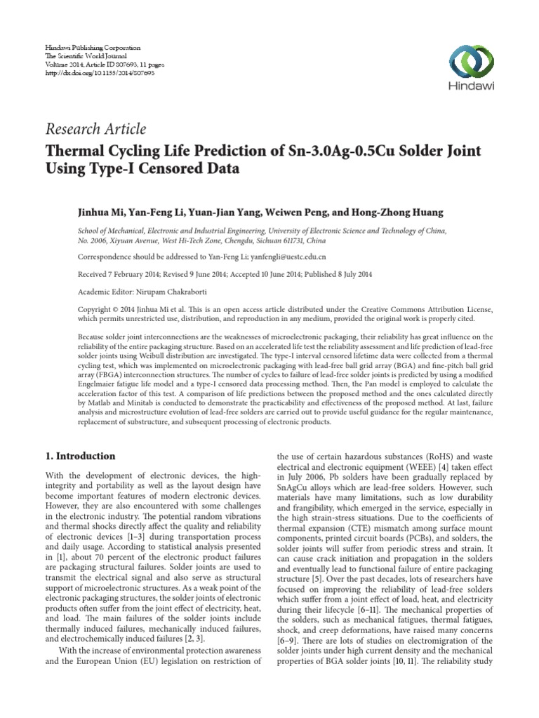 RTW54Thermal Cycling Life Prediction of Sn3.0Ag0.5Cu Solder Joint