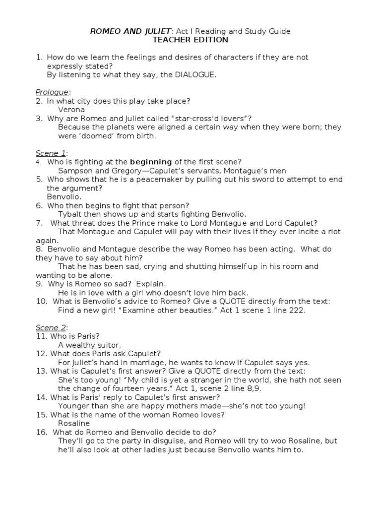 Act 1 Quiz Teacher Edition | PDF | Characters In Romeo And Juliet | Romeo  And Juliet