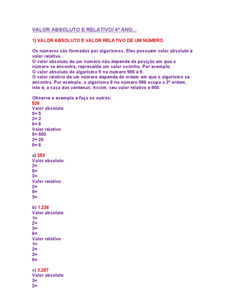 Valor Absoluto e Relativo | PDF | Números | Conjunto (Matemática)
