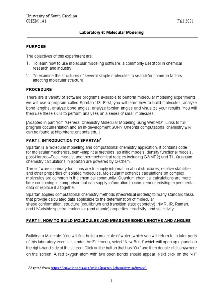 Chem 141 Lab 6 Molecular Modeling Procedure Pdf Computational