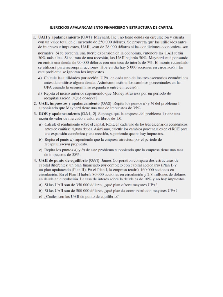 Ejercicios Apalancamiento Financiero y Estructura de Capital | PDF ...