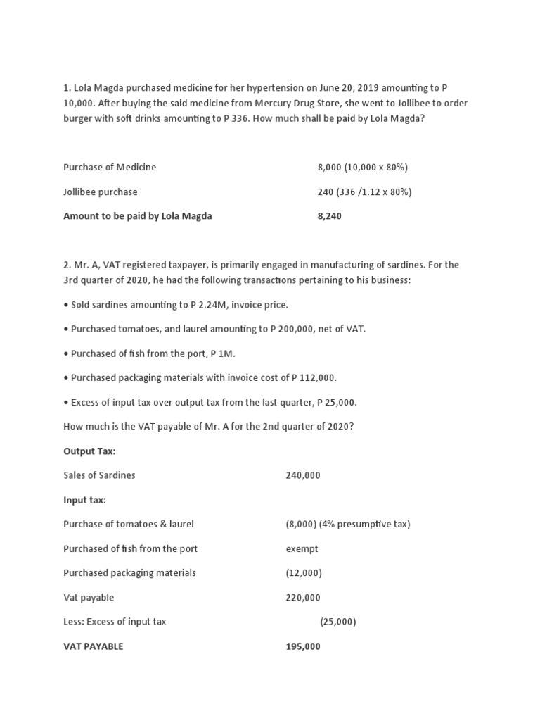 Solutions To Quiz 2 VAT PAYABLE PDF Value Added Tax Receipt
