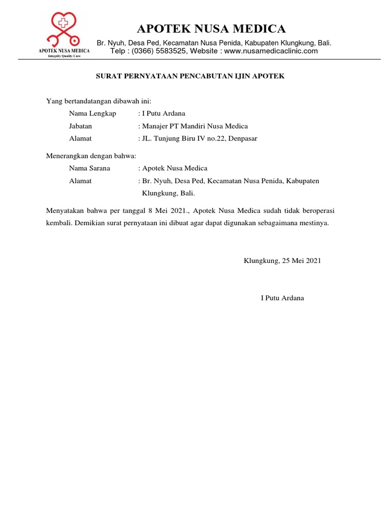 Surat Pernyataan Pencabutan Ijin Apotek Nusa Medica | PDF