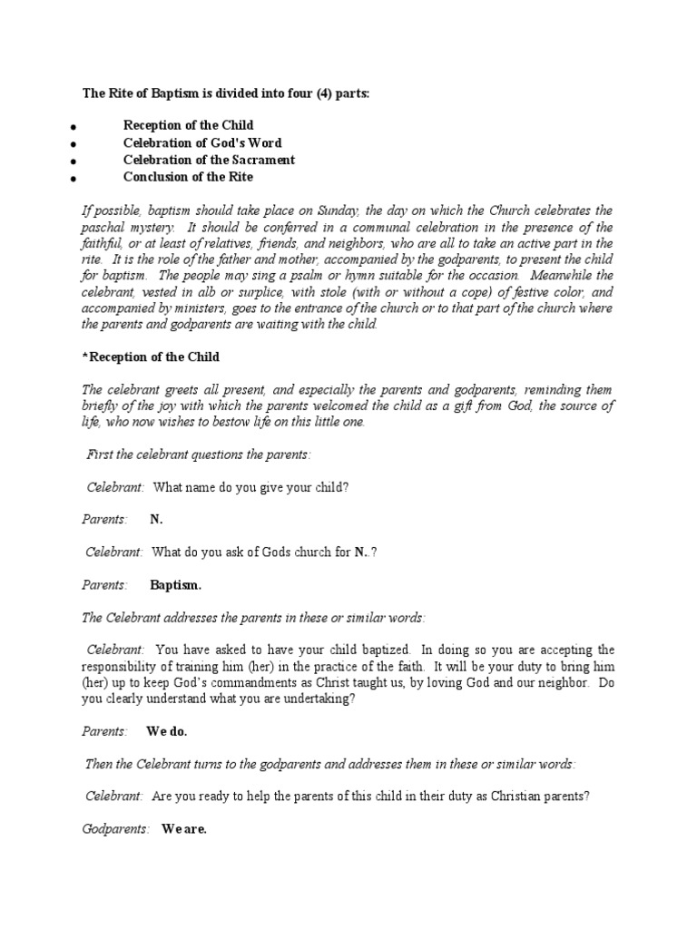 The Rite of Baptism Is Divided Into Four (4) Parts Reception of The