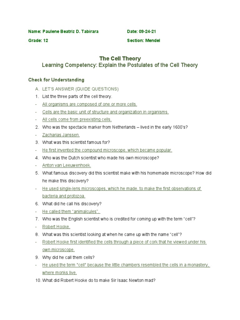 Learning Competency: Explain The Postulates of The Cell Theory | PDF ...