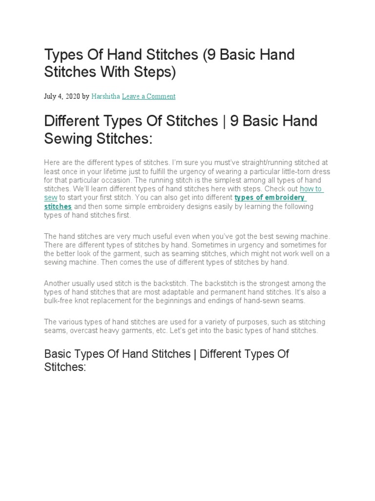 Types of Hand Stitches PDF Seam (Sewing) Sewing