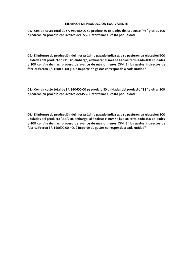 Ejemplos de Cálculo de Producción Equivalente | PDF | Finanzas y dinero ...