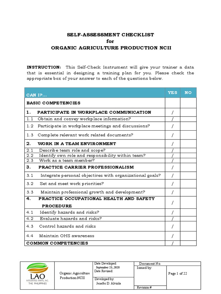 FORM 1 10 ALVIOLA Self Assessment Checklist C | PDF | Occupational ...