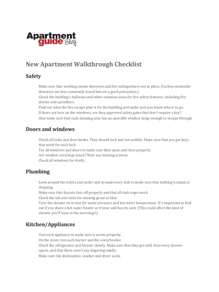 A Comprehensive New Apartment Walkthrough Checklist Ensuring Safety