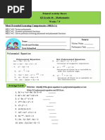 Printed Activity Sheets QI Grade 10 - Mathematics Weeks 7-9: Polynomial Equation