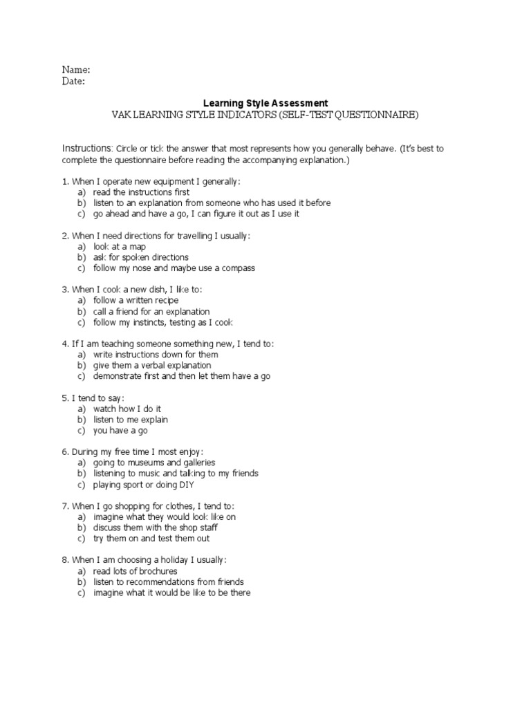 VAK Learning Style Self-Assessment Test | PDF | Learning Styles | Cognition