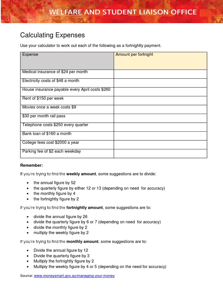 Calculating Expenses Sheet | PDF | Finance & Money Management