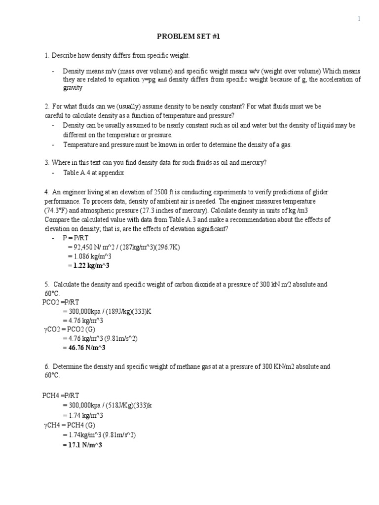 Fluid Mechanics Problem Set Solutions | PDF | Density | Viscosity