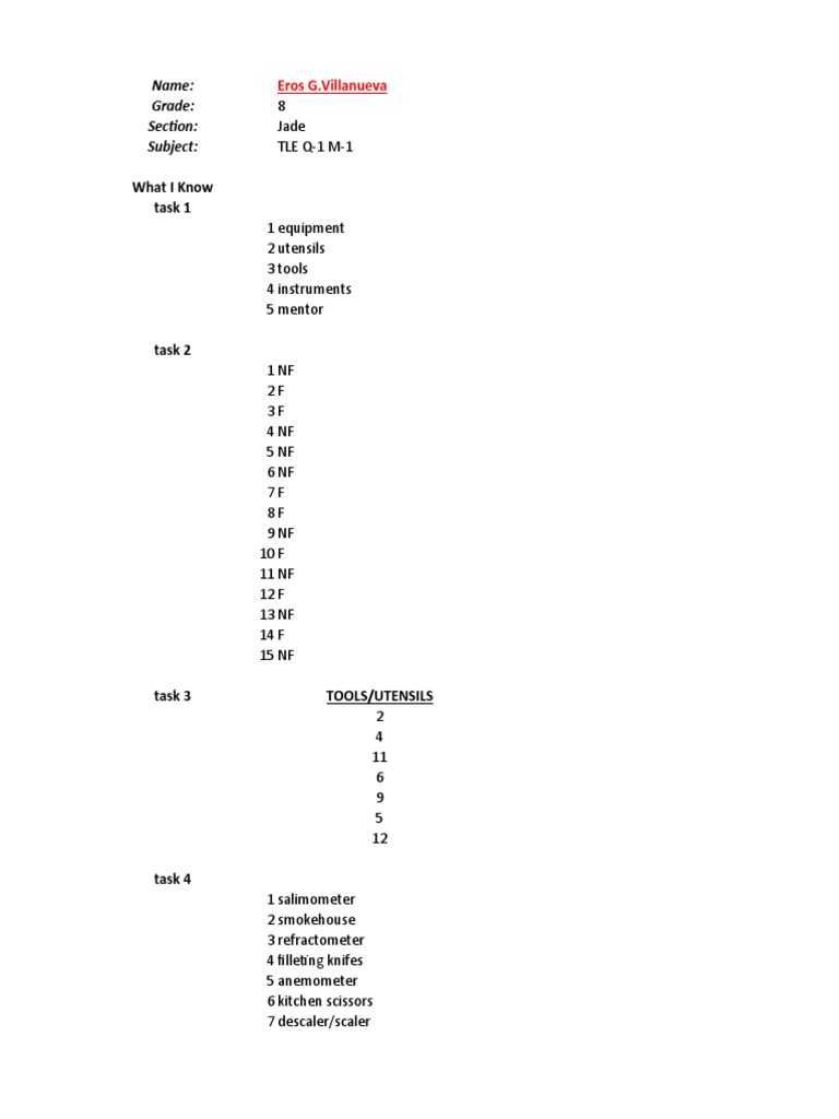 TLE Grade 8 Tools and Equipment Guide | PDF | Home | Food And Drink ...