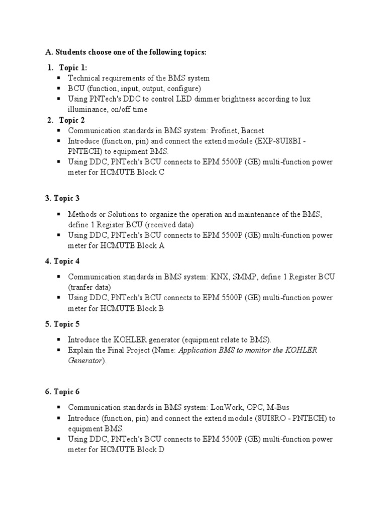 Topics For BMS Report - Lop Thu 5 | PDF | Computing | Computer Engineering