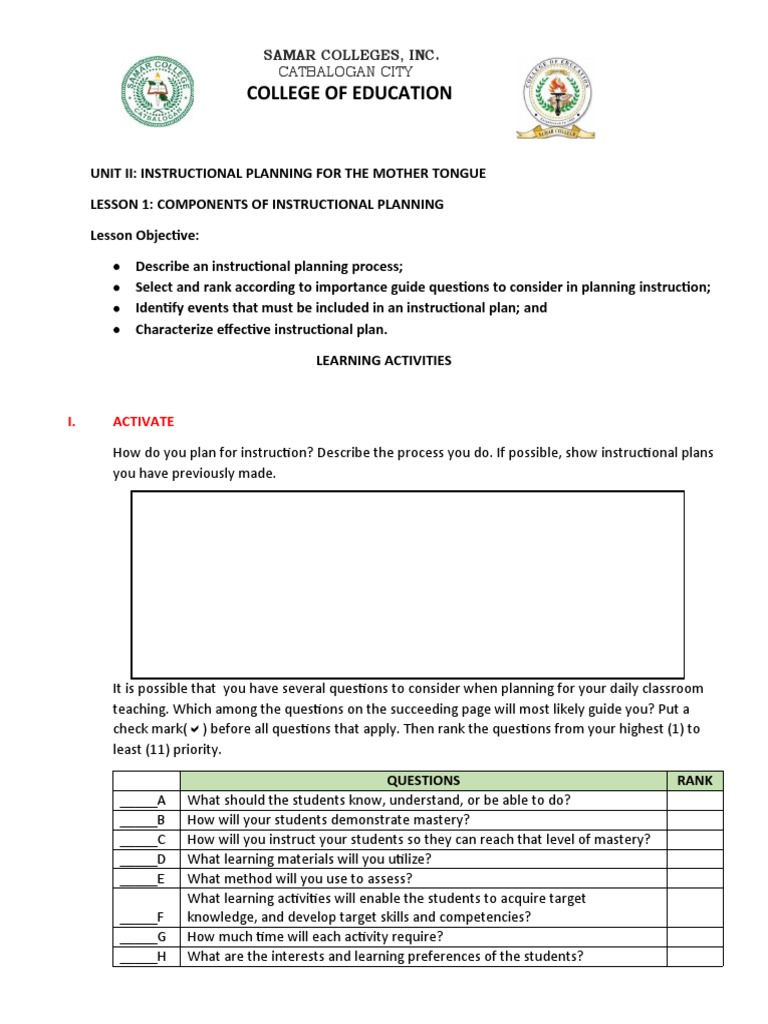Lesson 1components Of Instructional Planning Pdf Learning Recall