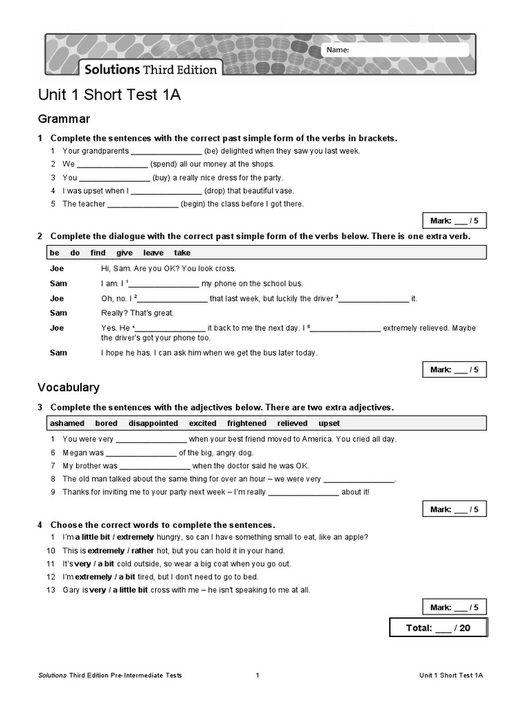 Unit 1 Short Test 1A: Grammar & Vocabulary | PDF | Human Communication ...