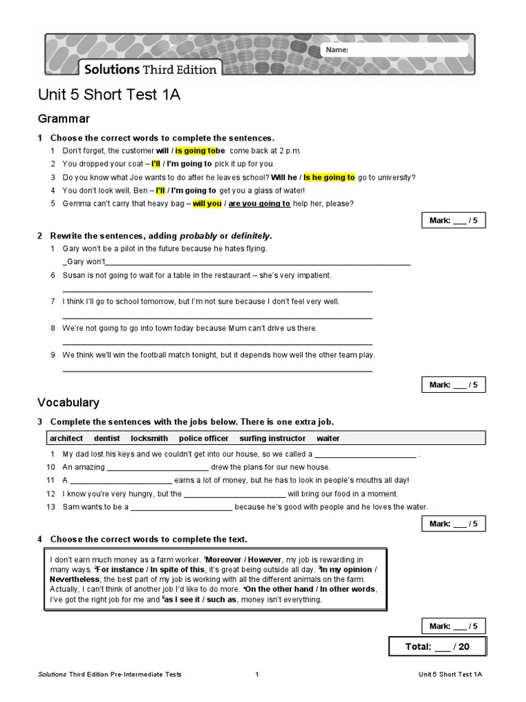Unit 5 Short Test 1A Answers | PDF
