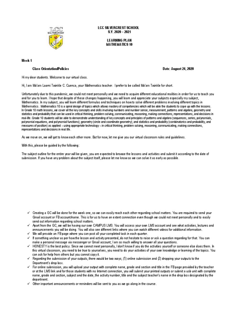 LCC Silvercrest School S.Y. 2020 2021 Learning Plan Mathematics 10