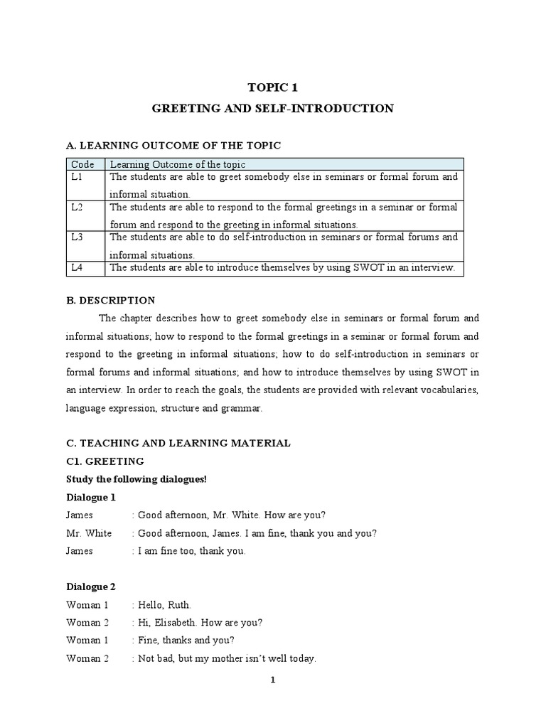 Topic 1 Greeting And Self Introduction Pdf Sentence Linguistics