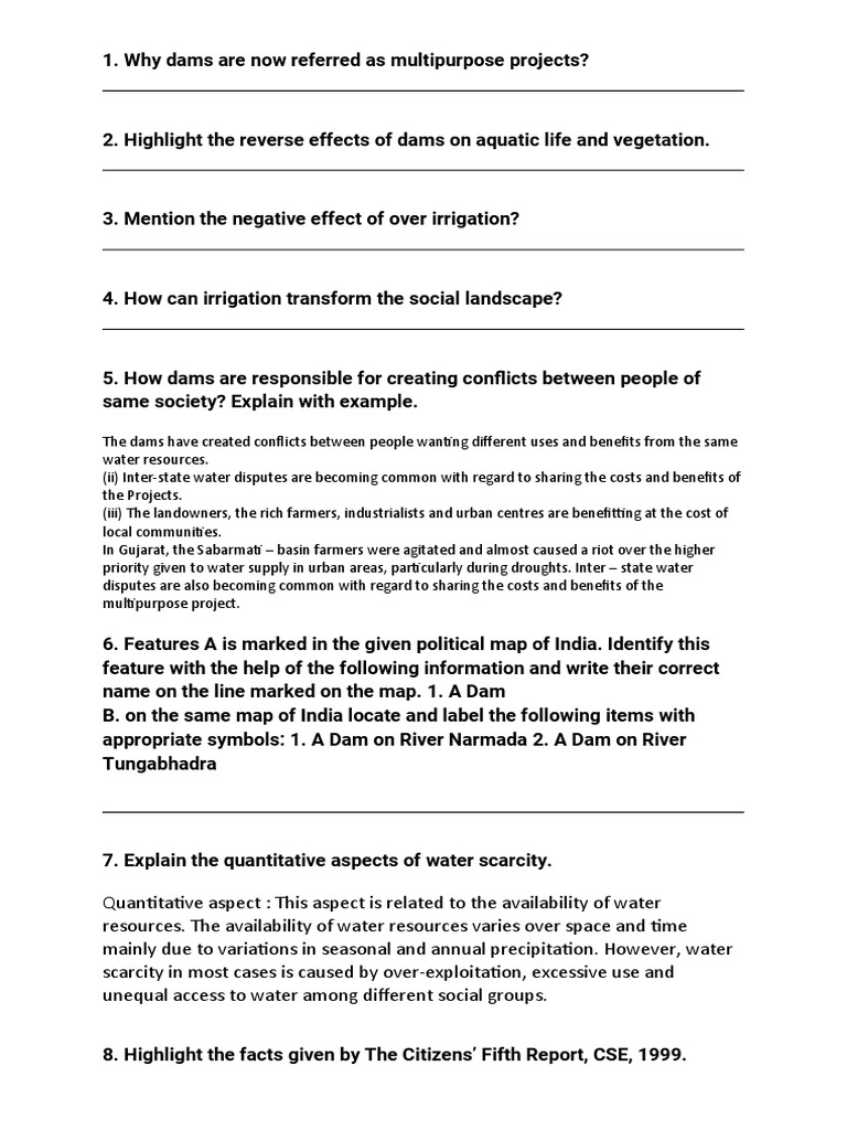 Water Resources Assignment Class 10 SOCIAL SCIENCE PDF Water