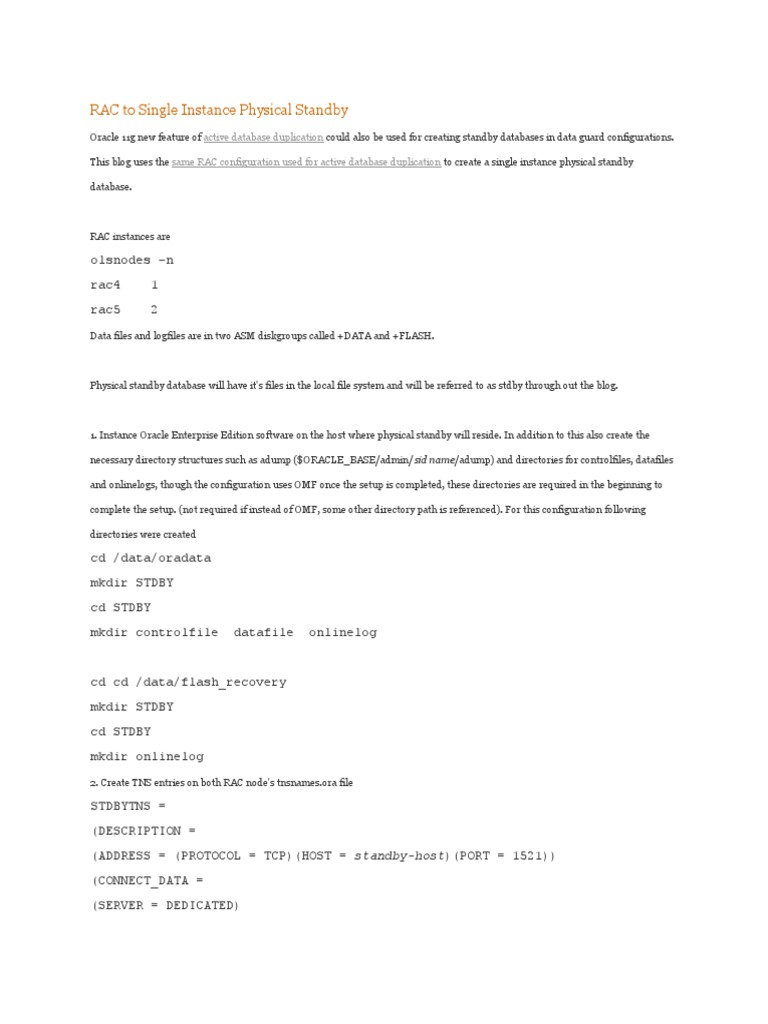 RAC to Single Instance Standby Setup | PDF | Databases | Data Management