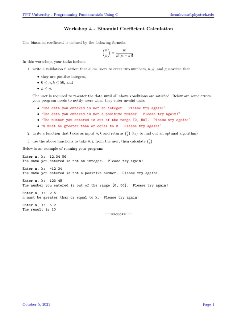 Workshop 4 - Binomial Coefficient Calculation: FPT University ...