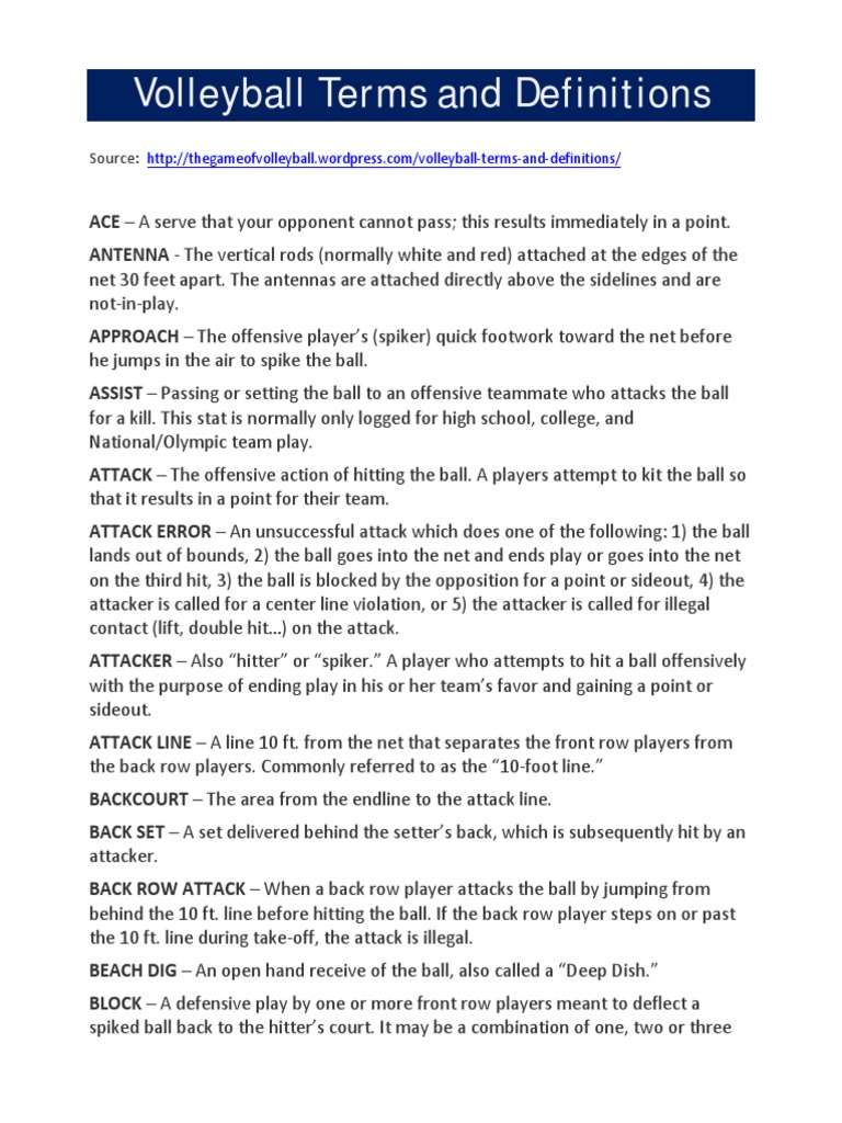 Volleyball Terms and Definitions PDF Volleyball Sports