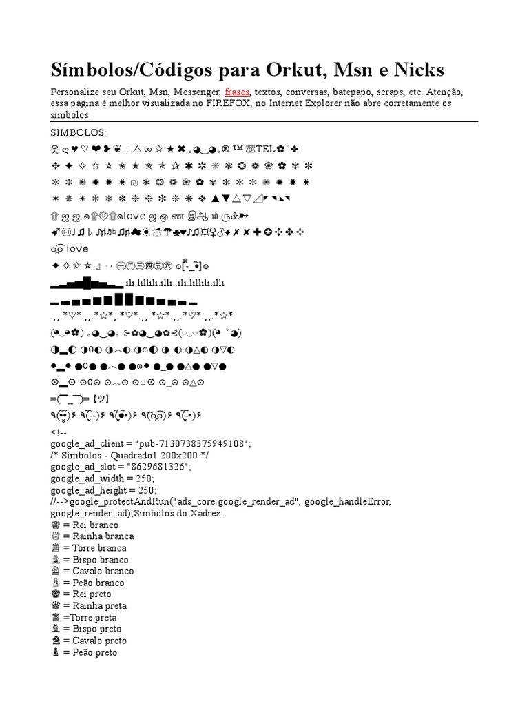 Símbolos e Códigos para Orkut, MSN e Nicks, PDF, Jogos tradicionais