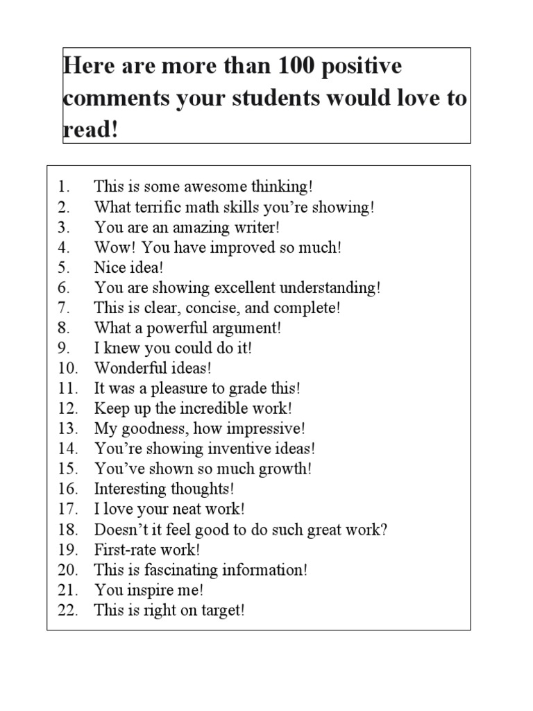 Here Are More Than 100 Positive Comments Your Students Would Love To Read |  PDF | Educational Psychology | Communication