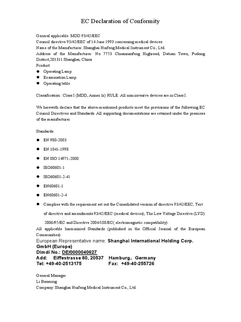 1HFMED EC Declaration of Conformity 2015.10 | PDF | Self-Improvement ...