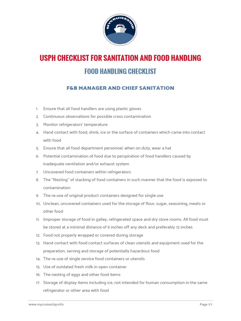 USPH Food Handling Checklist | PDF