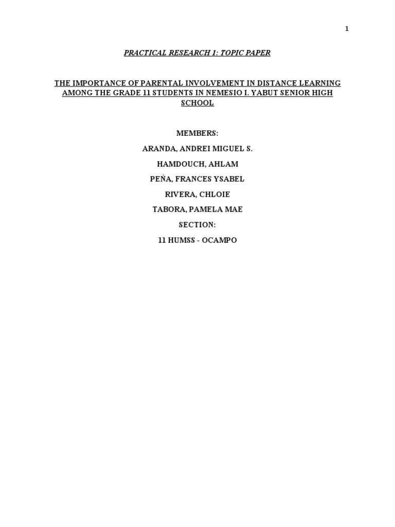 Practical Research 1 - Topic Paper | PDF | Self Esteem | Teachers