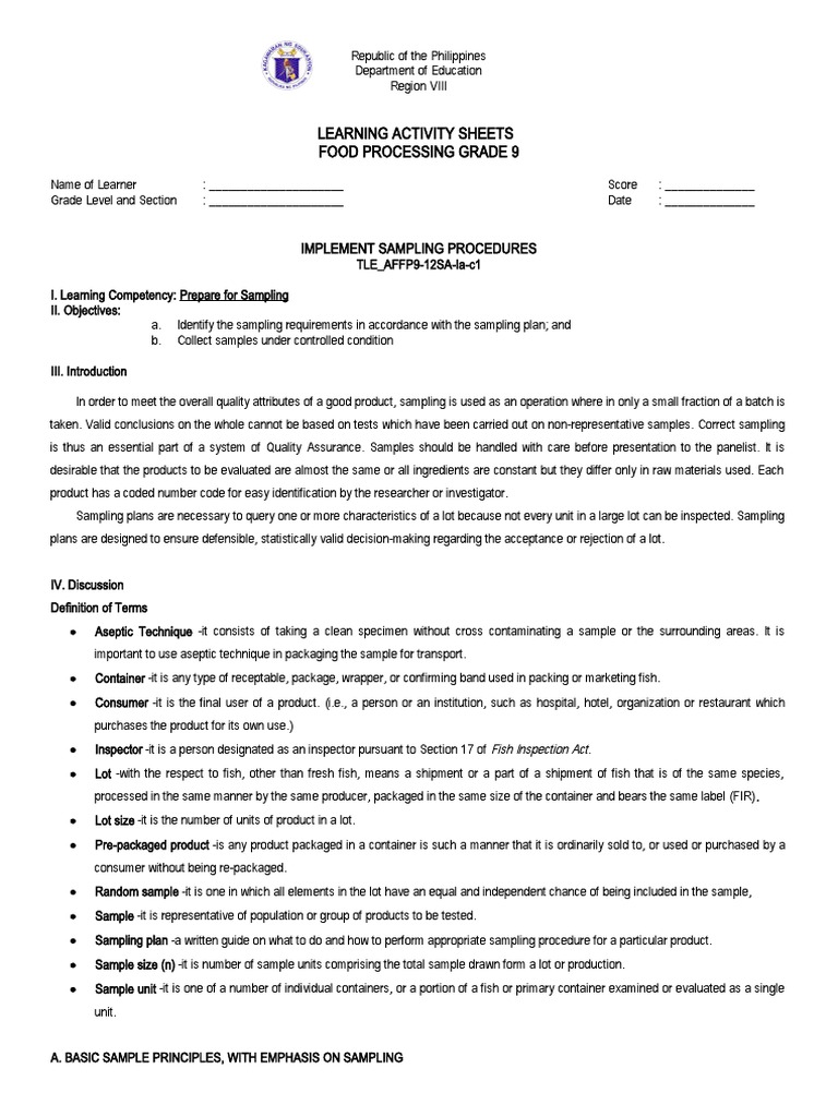 Learning Activity Sheets Food Processing Grade 9 Implement Sampling