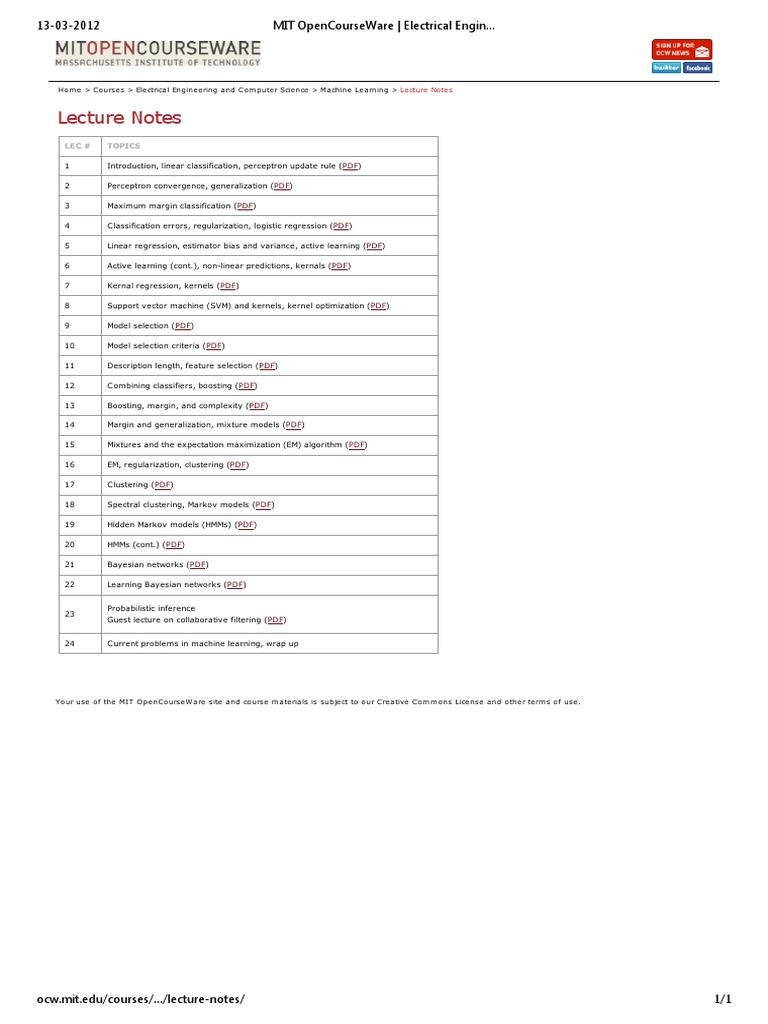 Introduction to Machine Learning: Lecture Notes from MIT OpenCourseWare ...