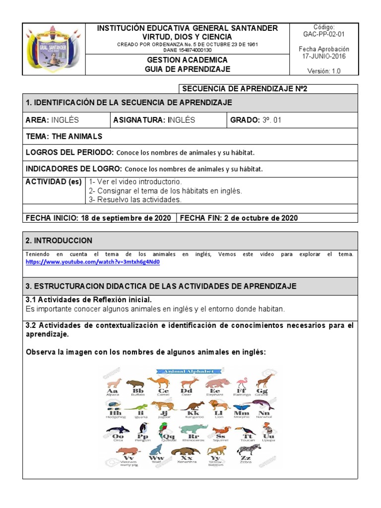 Ingles - Guia de Aprendizaje 2 Animals | PDF