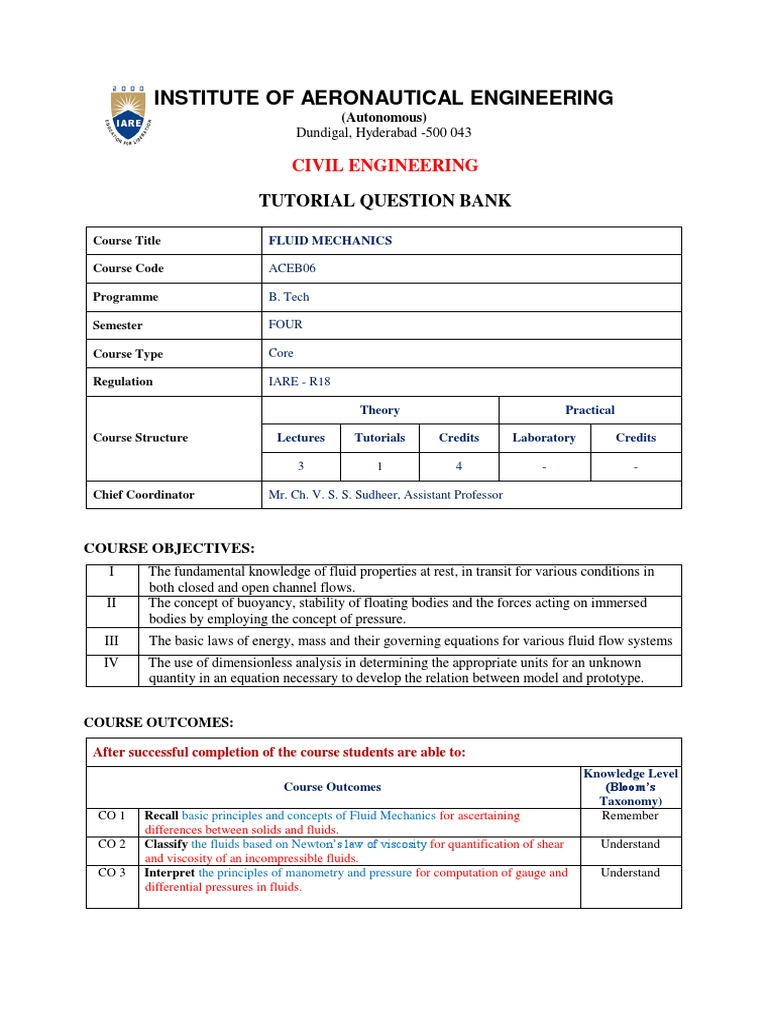 Fluid Mechanics Tutorial Question Bank | PDF | Fluid Dynamics | Fluid ...
