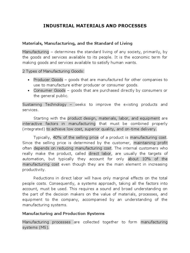 Industrial Materials and Processes Notes PDF System Goods