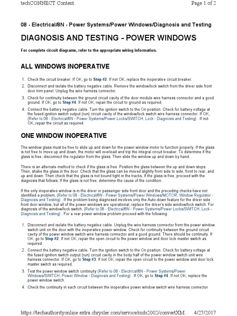 Power Window Diagnosis and Testing Guide | PDF | Electrical Connector ...